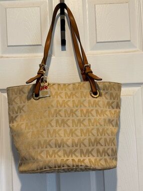 Michael Kors Beige MK Logo Tote with Brown Straps